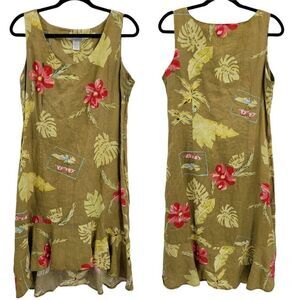 80's Linen Tropical Travel‎ Hawaiian Sleeveless Scoop Flounce Hi Low Dress Sz 14